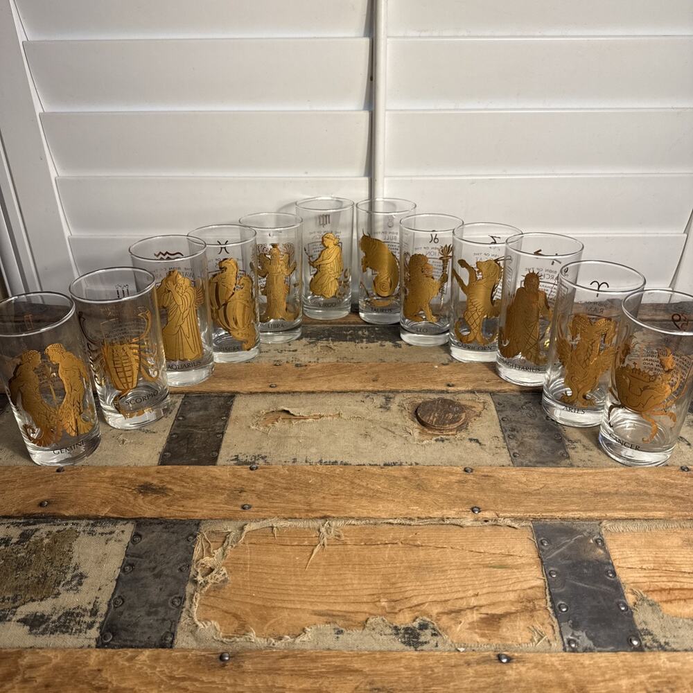 Vintage Glass Zodiac Tumblers 22k Gold Astrology